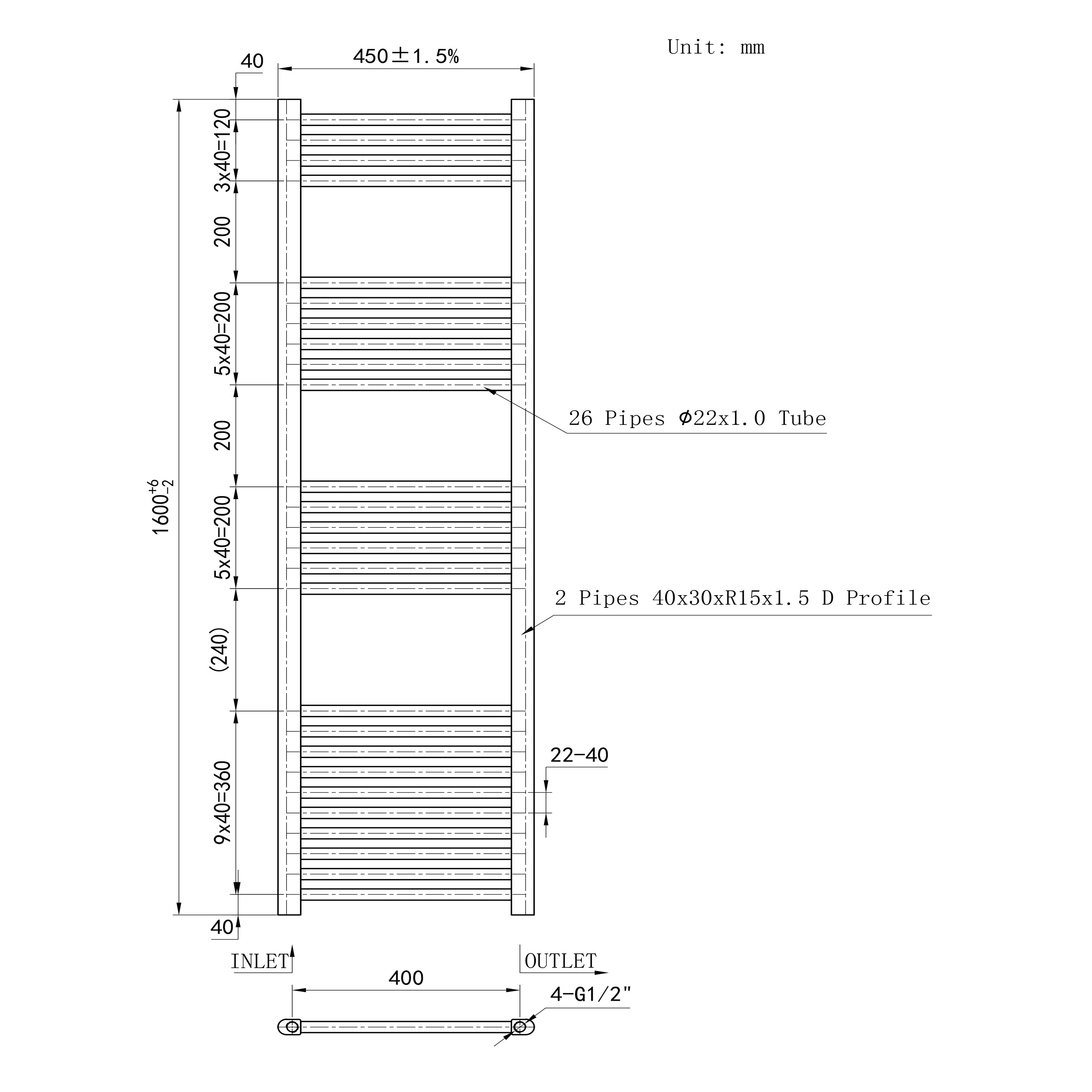 1600x450mm Chrome Heated Towel Rail Straight Bathroom Radiator Dimension