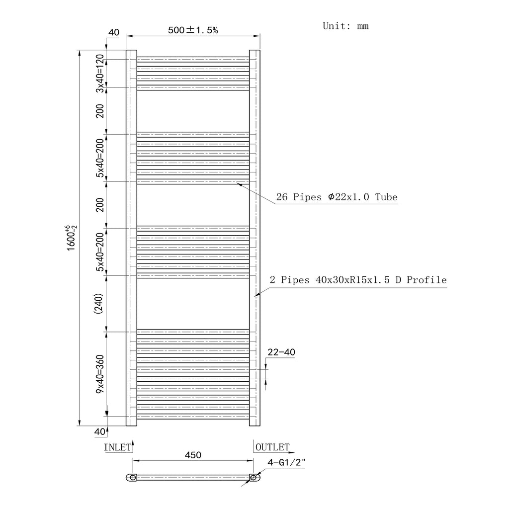 1600x500mm Chrome Heated Towel Rail Straight Bathroom Radiator Dimension