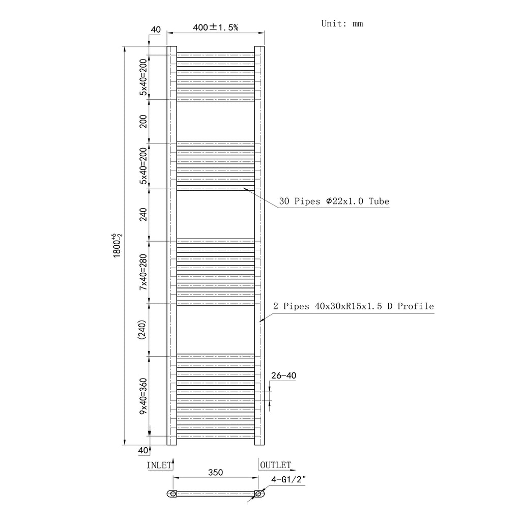 1800x400mm Black Heated Towel Rail Straight Bathroom Radiator Dimension