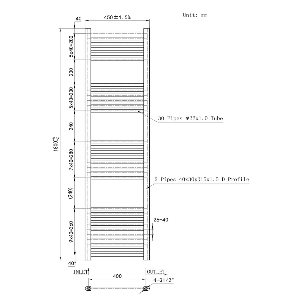 1800x450mm Chrome Heated Towel Rail Straight Bathroom Radiator Dimension