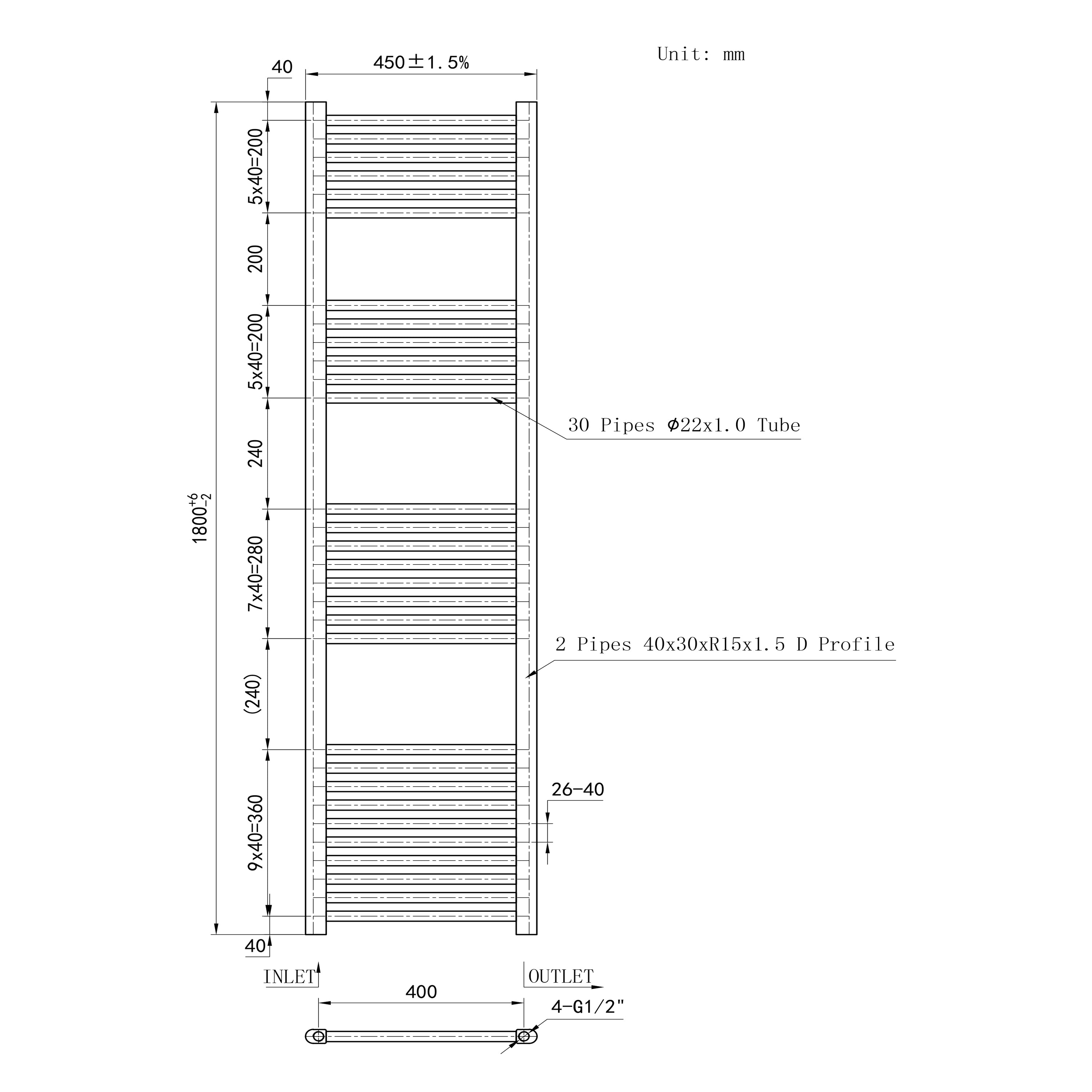 1800x450mm Chrome Heated Towel Rail Straight Bathroom Radiator Dimension