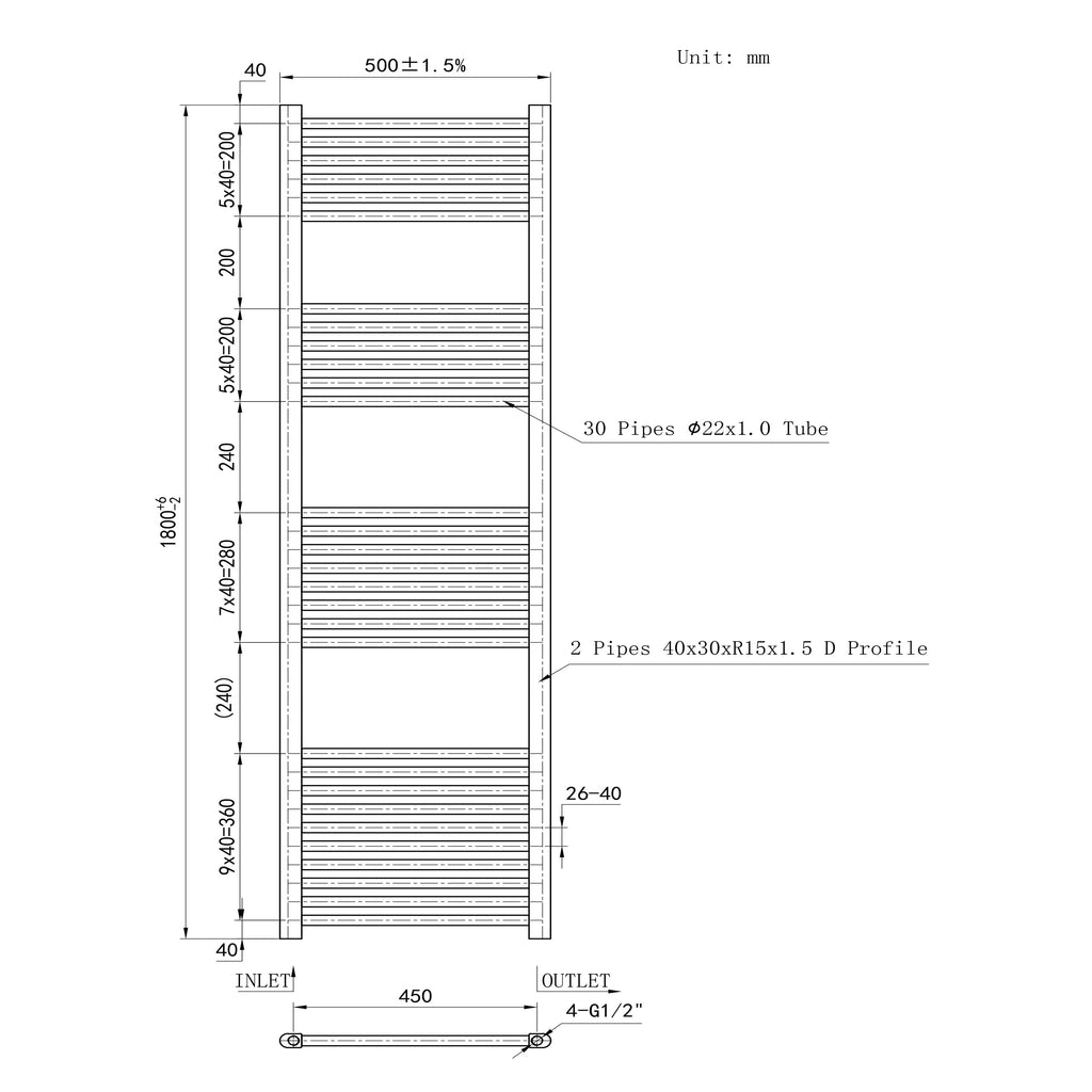 1800x500mm Black Heated Towel Rail Straight Bathroom Radiator Dimension