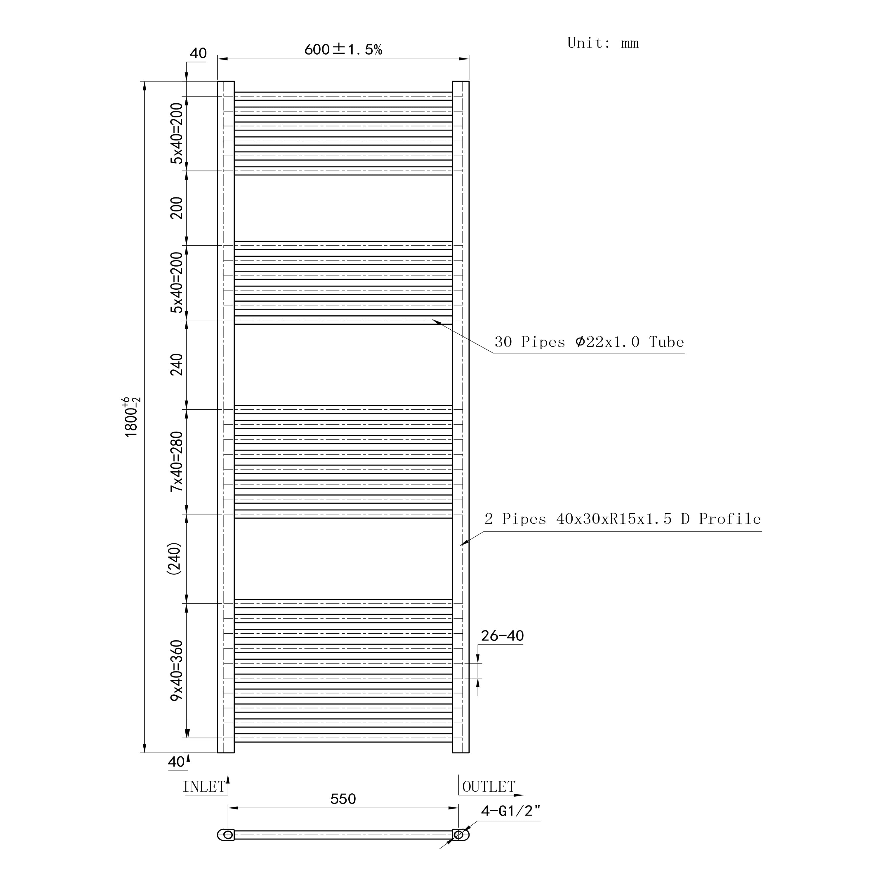 1800x600mm Black Heated Towel Rail Straight Bathroom Radiator Dimension