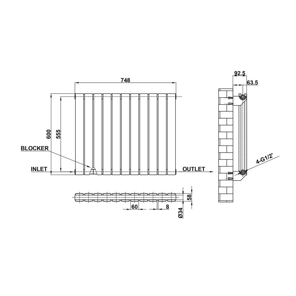 600x748mm Double White Flat Panel Radiator Dimension