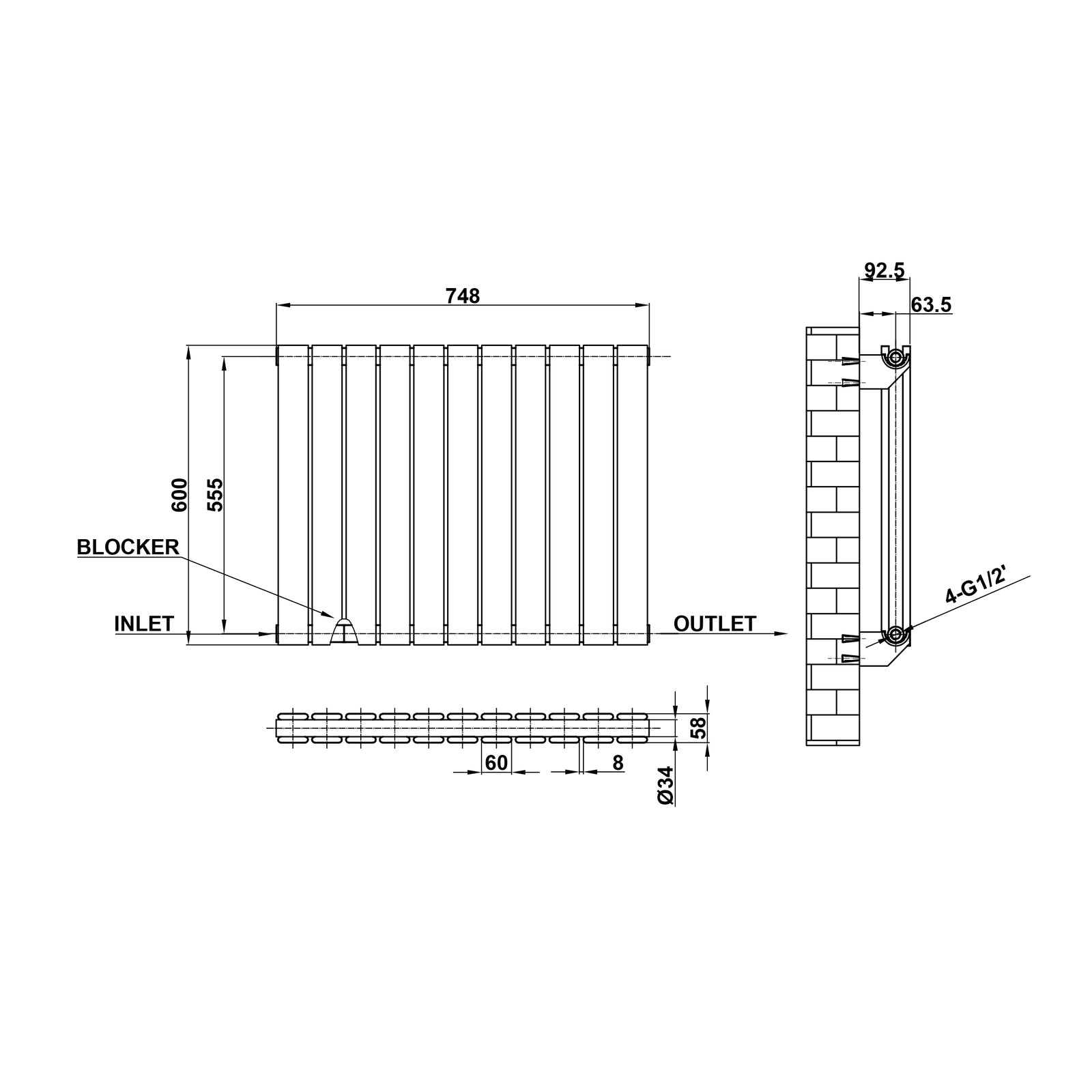 600x748mm Double White Flat Panel Radiator Dimension