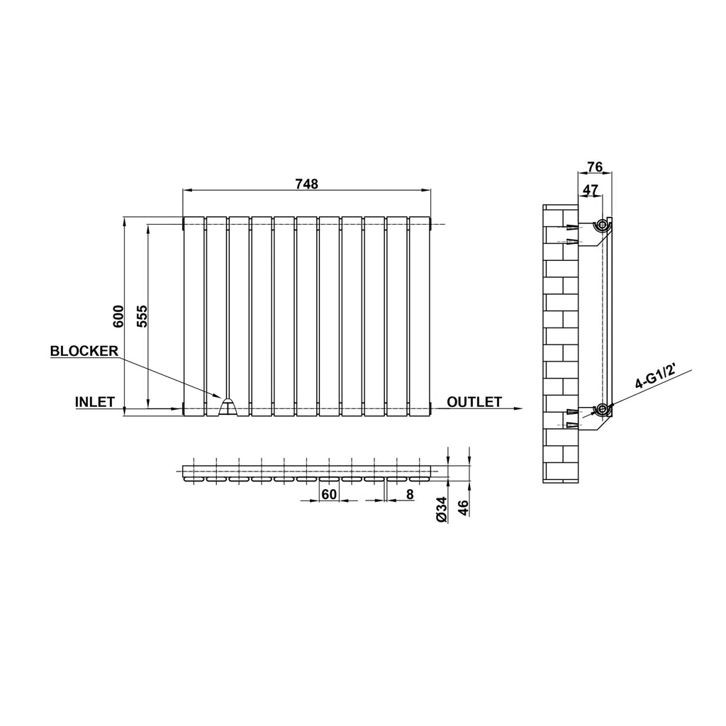 600x748mm Single White Flat Panel Radiator Dimension