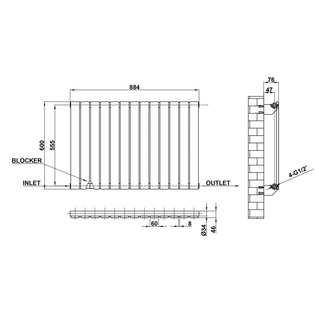 600x884mm Single Anthracite Flat Panel Radiator Dimension