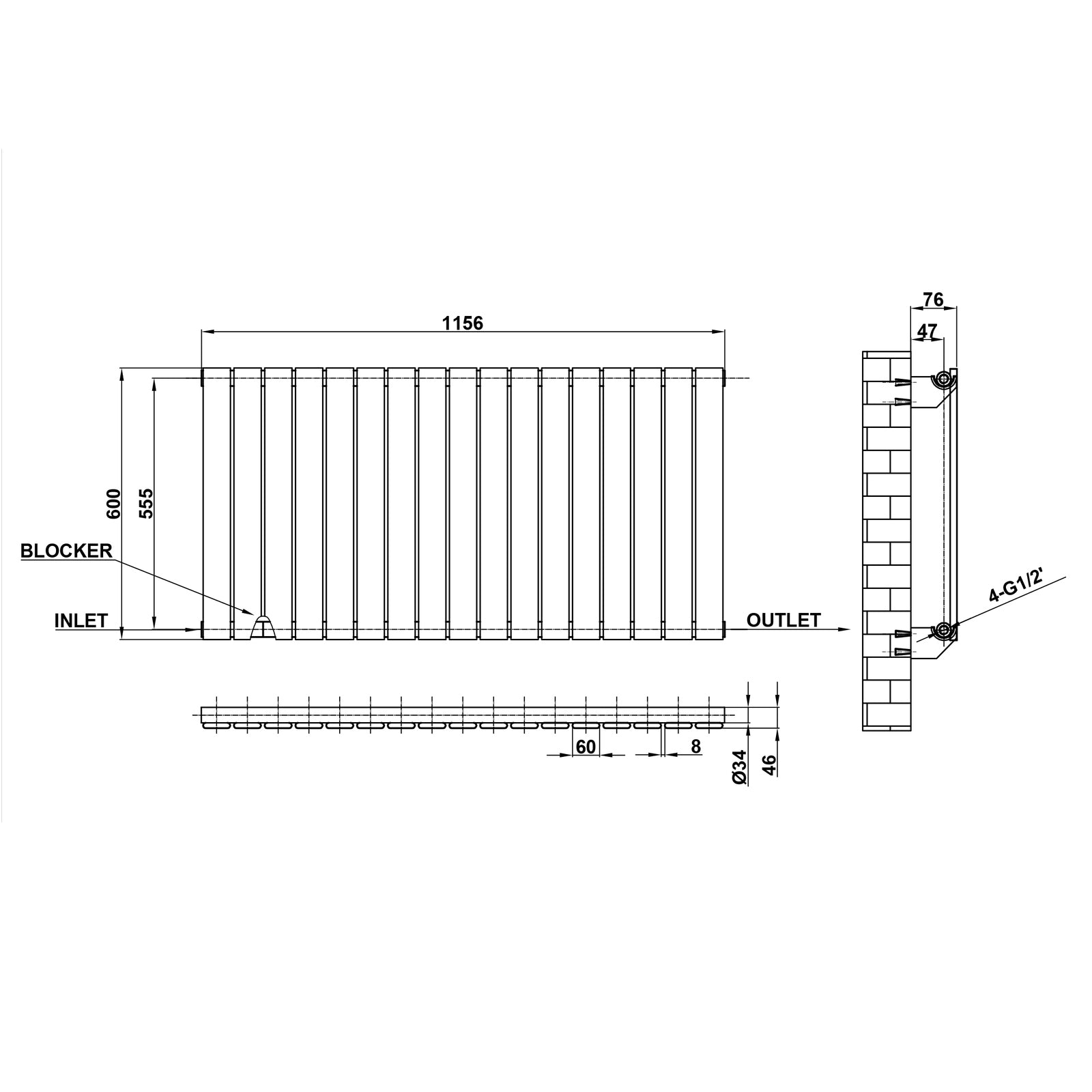 600x1156mm Single Anthracite Flat Panel Radiator Dimension