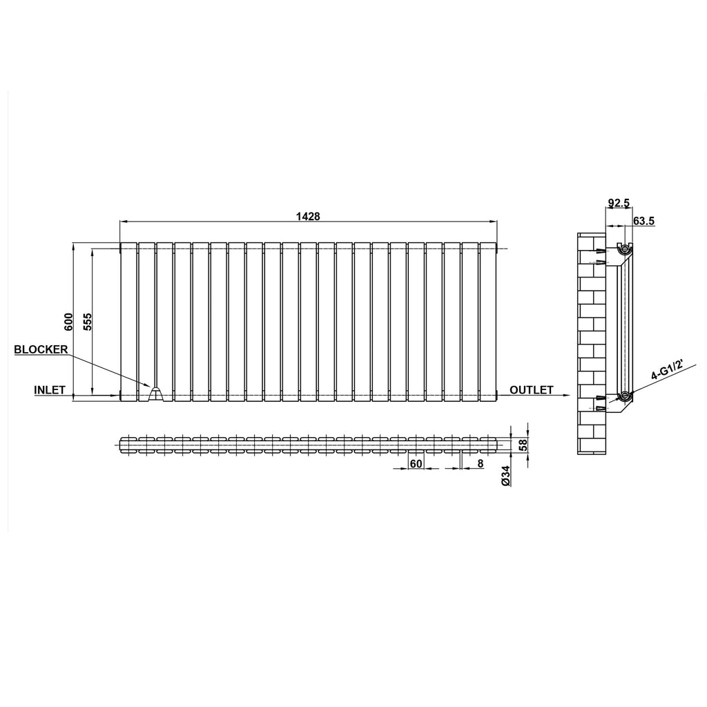 600x1428mm black double flat panel radiator dimension
