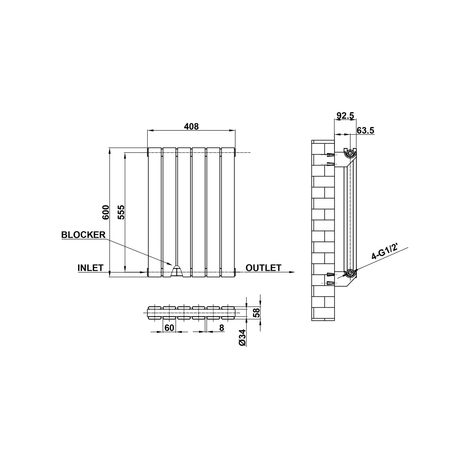 600x408mm Double Black Flat Panel Radiator Dimension