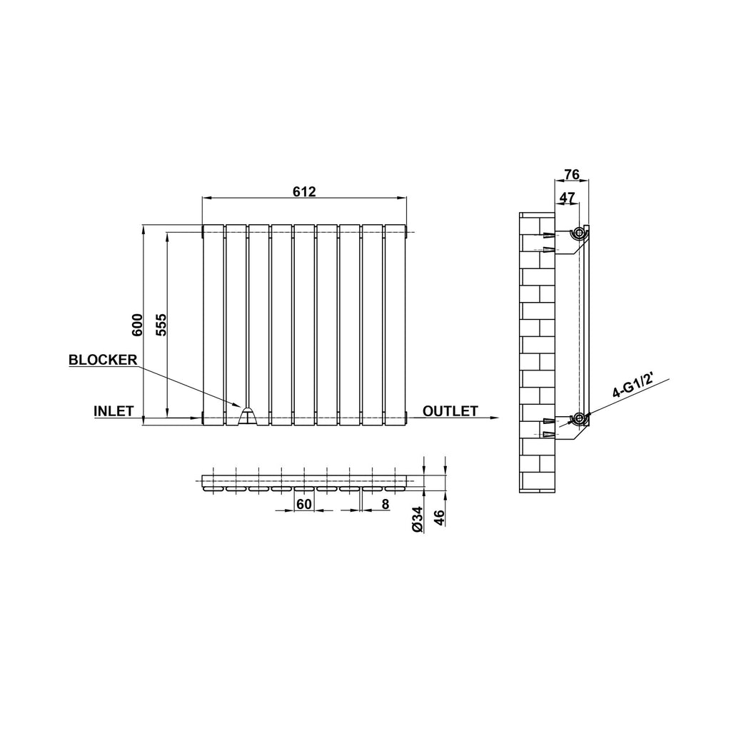 600x612mm black single flat panel radiator dimension