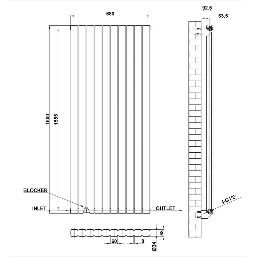 1600x680mm Double White Flat Panel Radiator Dimension