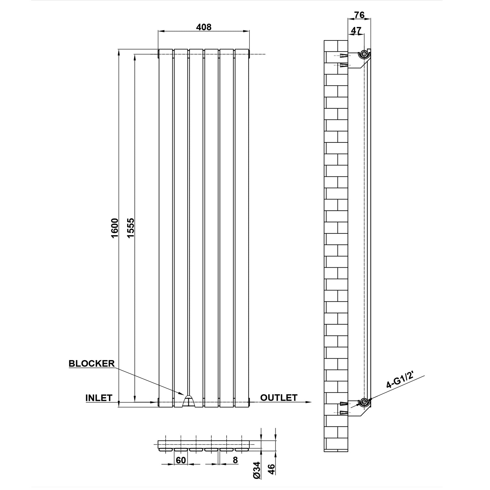 1600x408mm black single flat panel radiator dimension