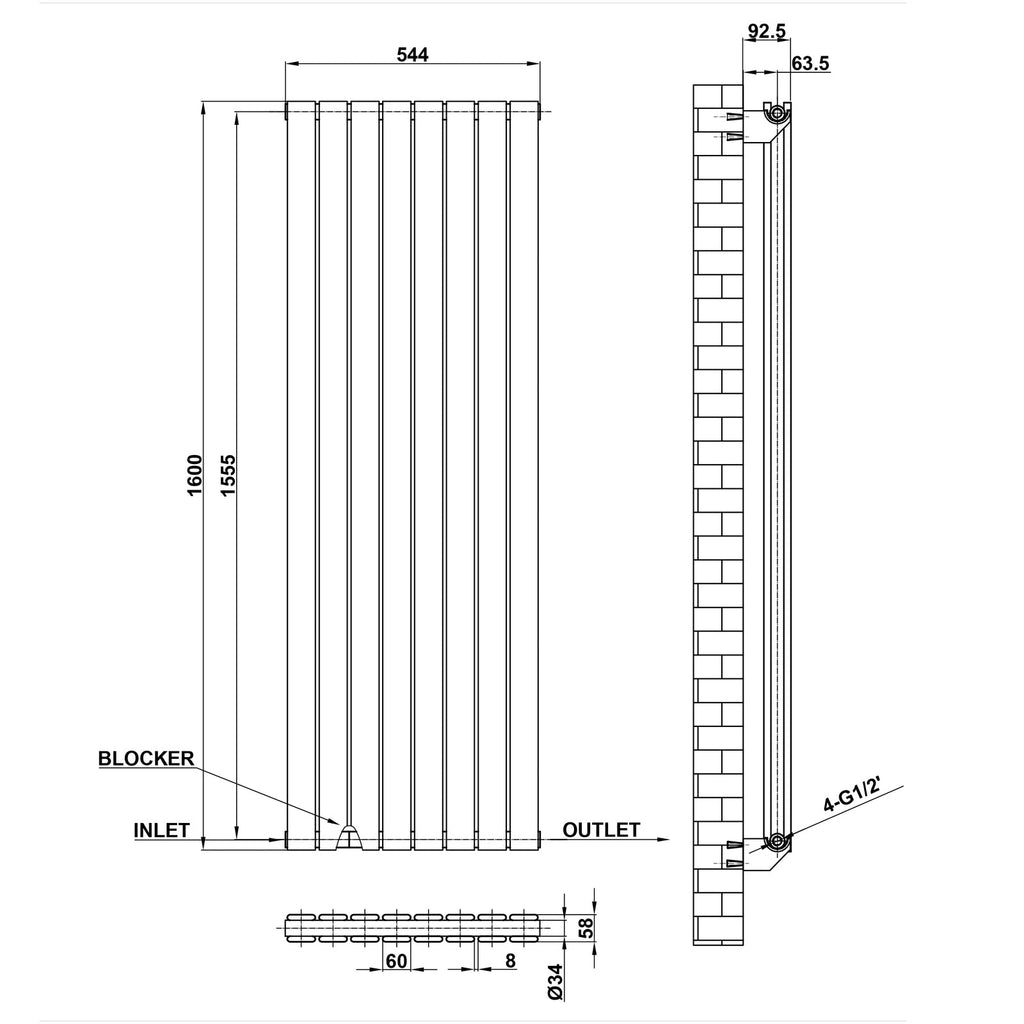 1600x544mm Double Anthracite Flat Panel Radiator Dimension