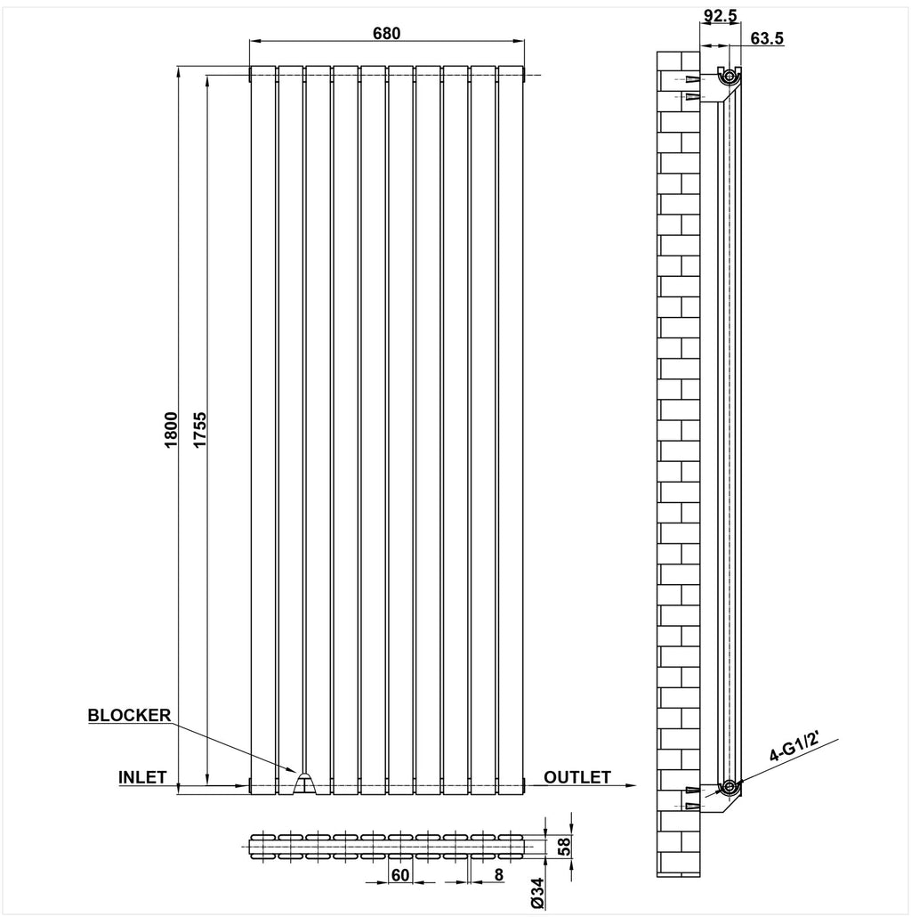 1800x680mm Double White Flat Panel Radiator Dimension