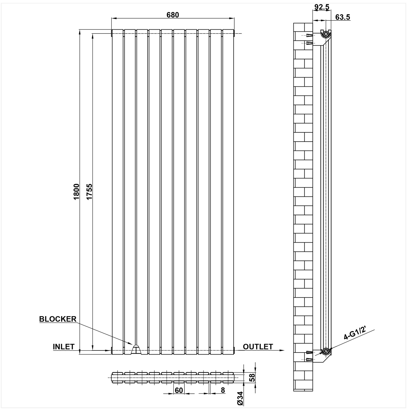 1800x680mm black double flat panel radiator dimension