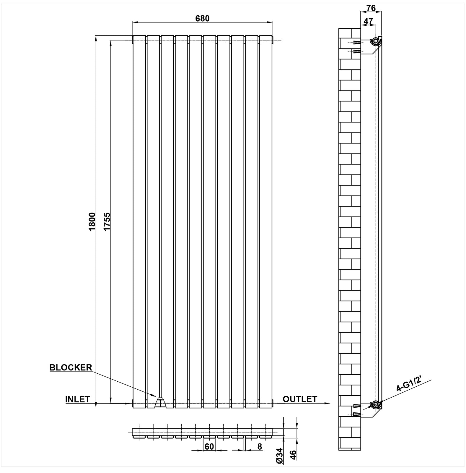 1800x680mm Single White Flat Panel Radiator Dimension
