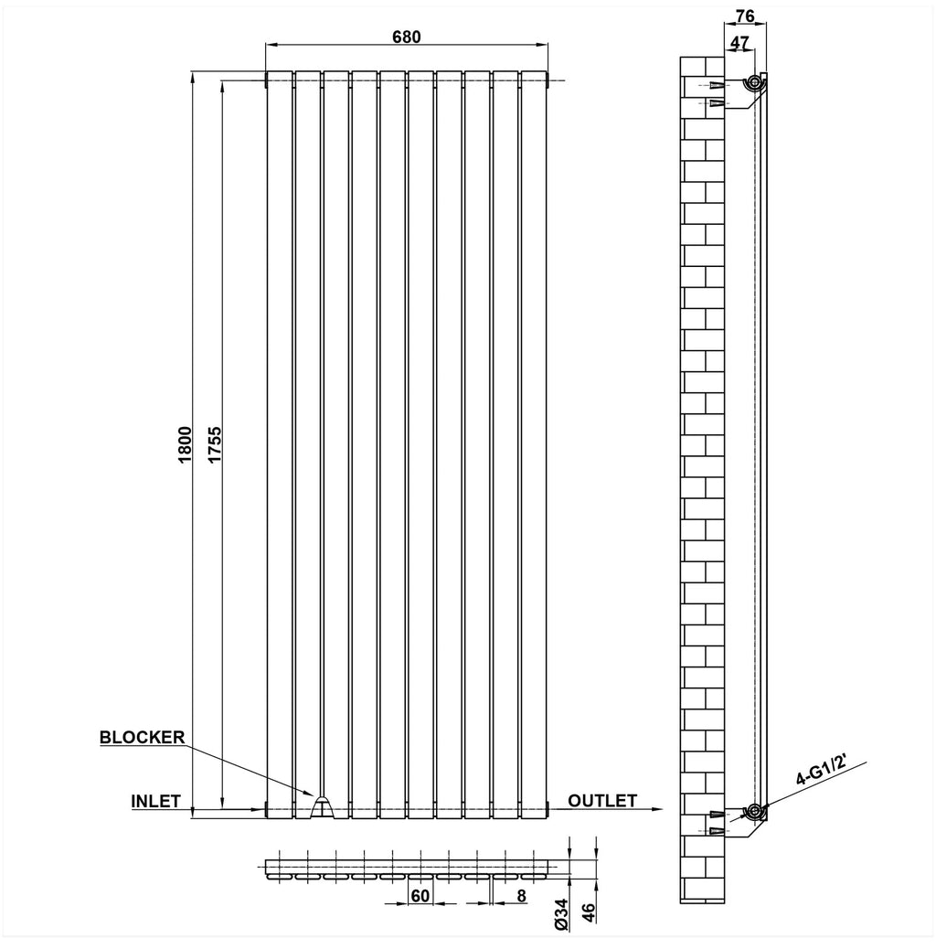1800x680mm black single flat panel radiator dimension