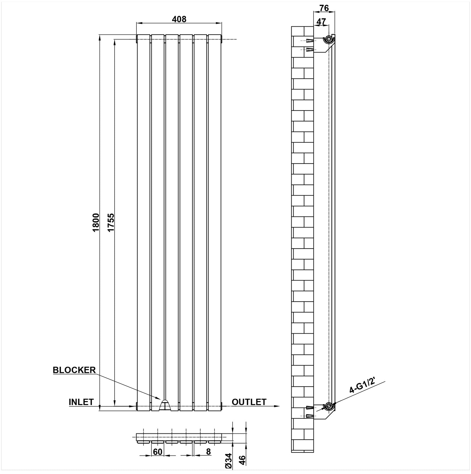 1800x408mm black single flat panel radiator dimension