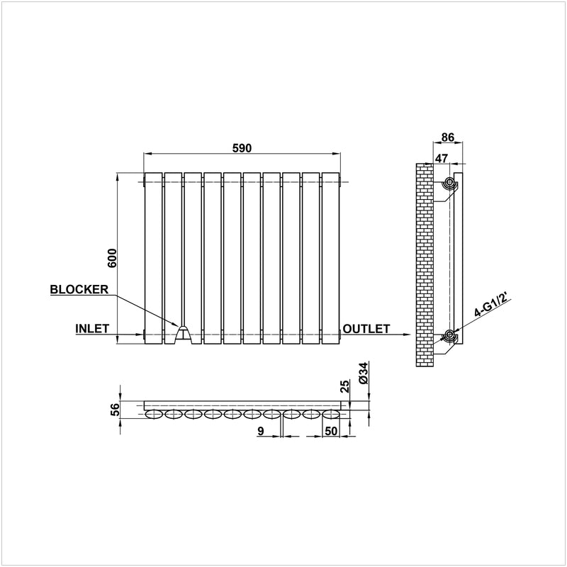 600x590mm single anthracite oval column radiator dimension