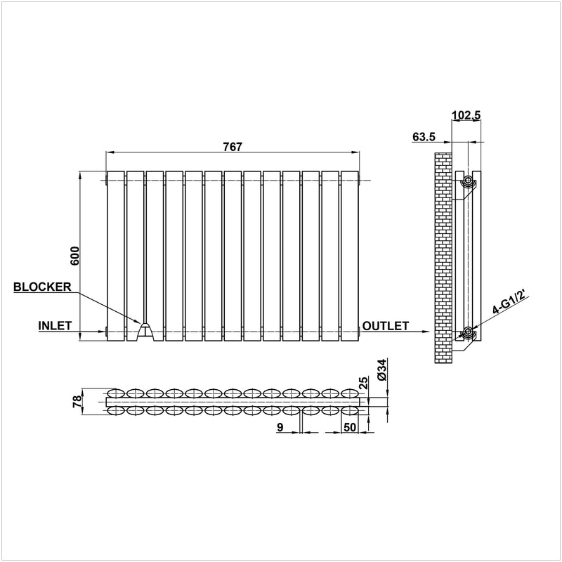 600x767mm double anthracite oval column radiator dimension