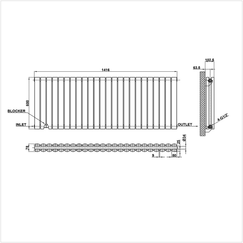 600x1416mm double white oval column radiator dimension