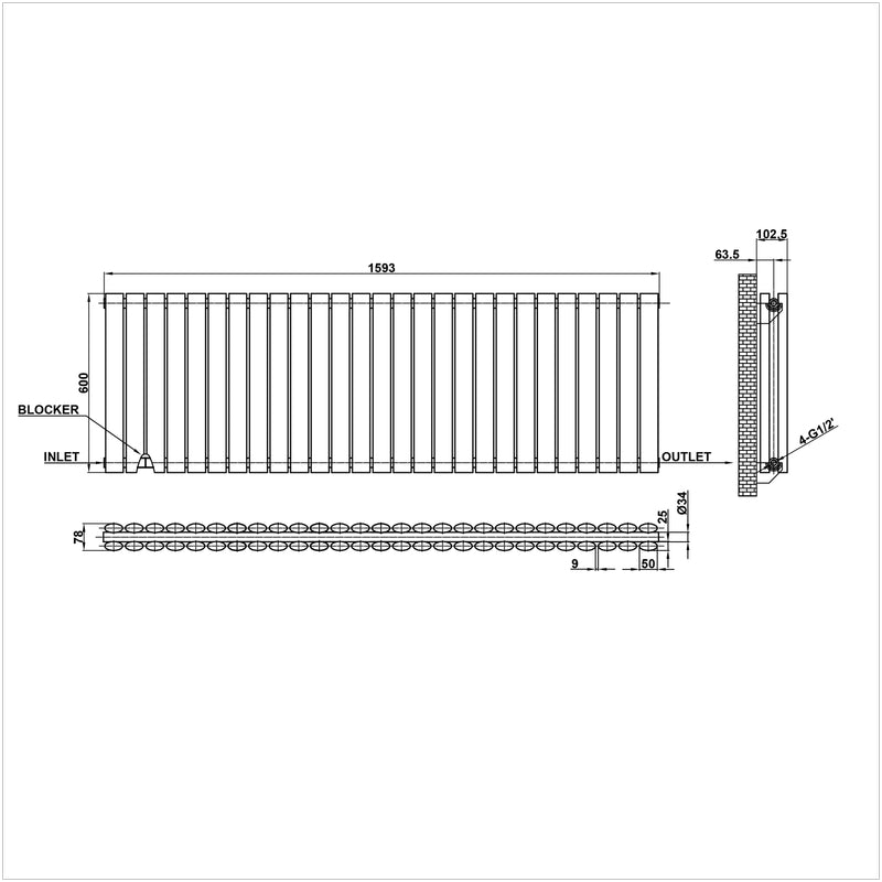 600x1593mm double white oval column radiator dimension