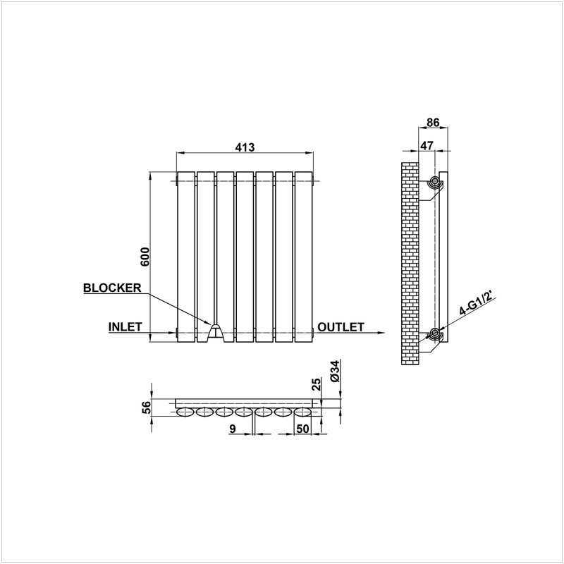 600x413mm single white oval column radiator dimension