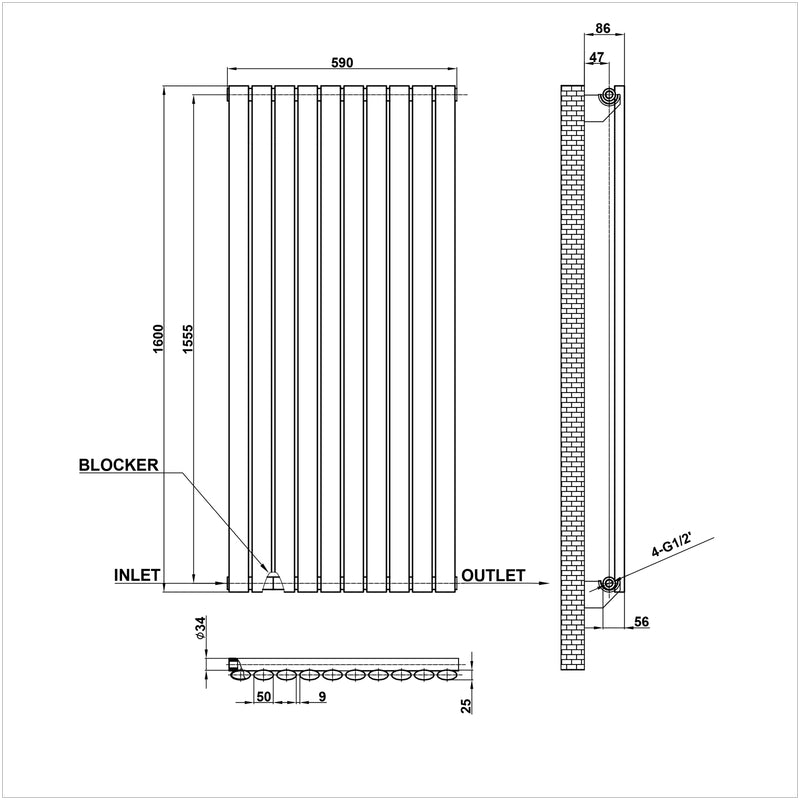 1600x590mm single white oval column radiator dimension