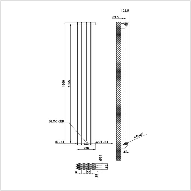 1600x236mm double white oval column radiator dimension