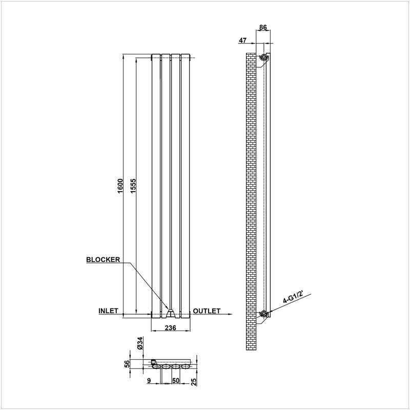 1600x236mm single white oval column radiator dimension