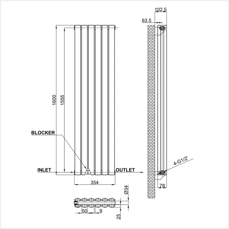 1600x354mm double white oval column radiator dimension