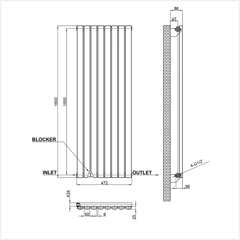 1600x472mm single anthracite oval column radiator dimension
