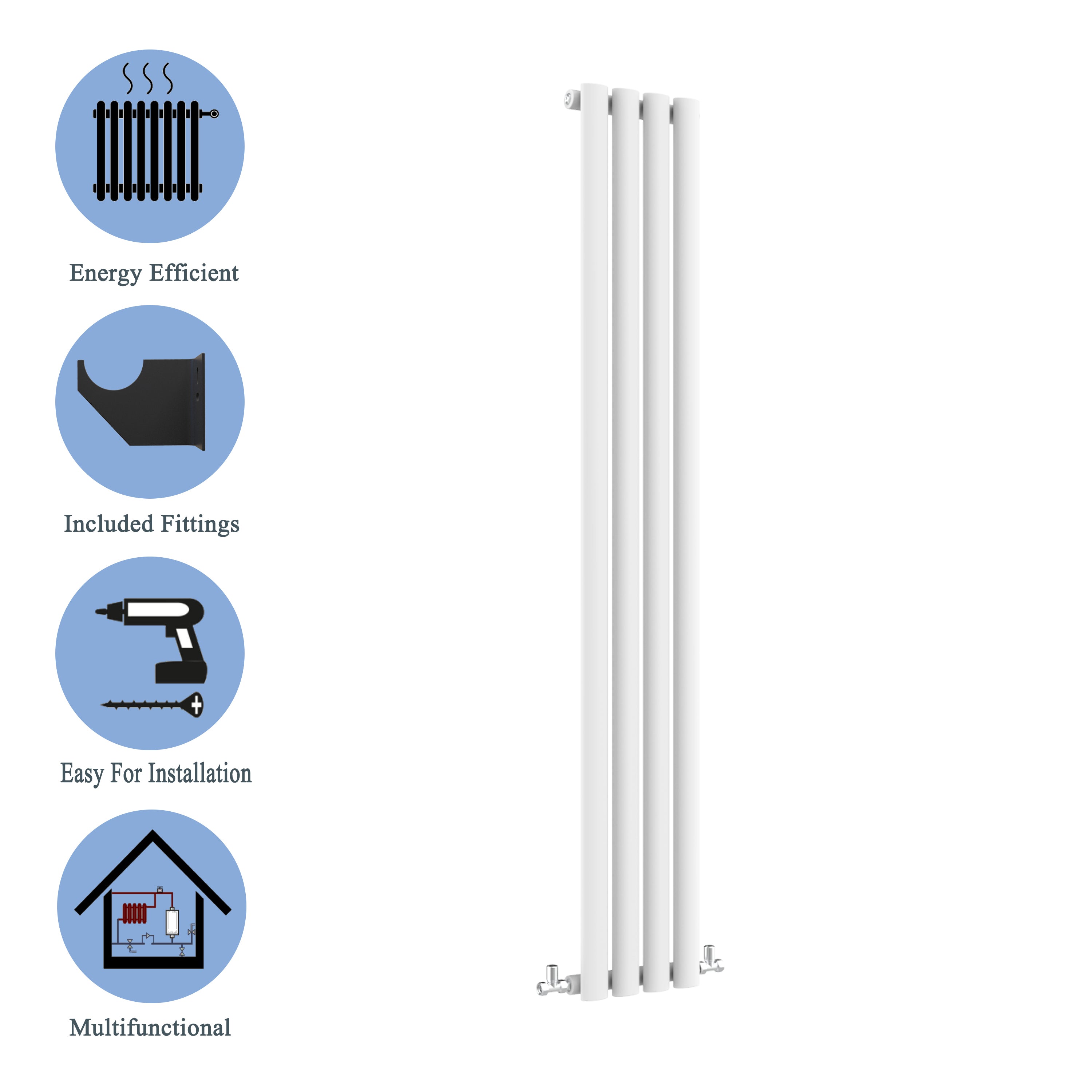 Aver-Growth- Designer Vertical 1800x236mm Single White Oval Column Radiator