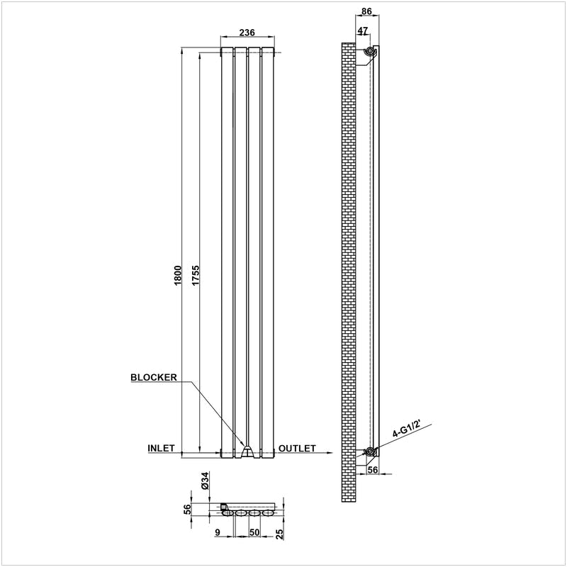 1800x236mm single white oval column radiator dimension