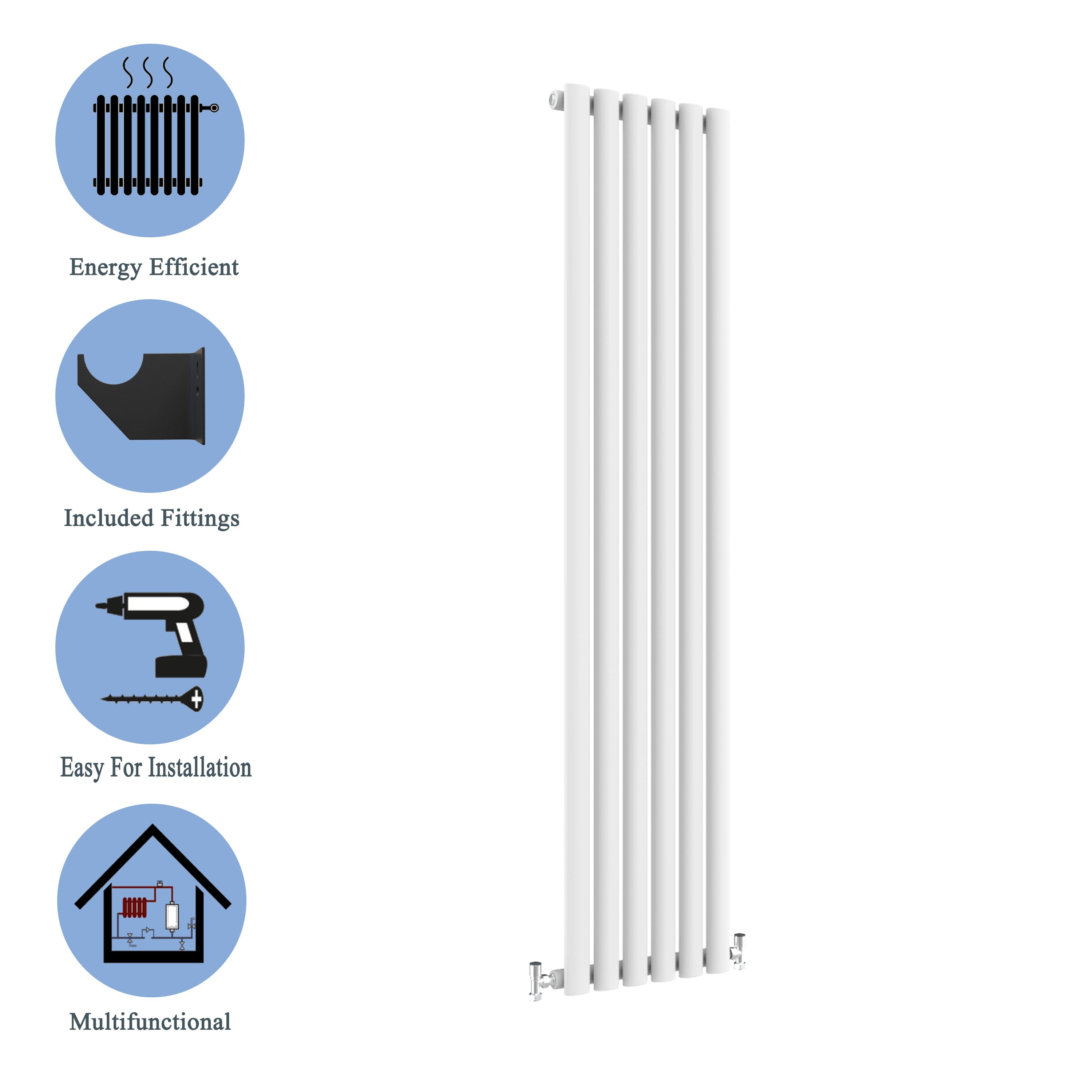 Aver-Growth- Designer Vertical 1800x354mm Single White Oval Column Radiator