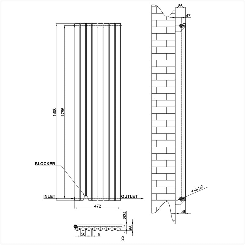1800x472mm single white oval column radiator dimension