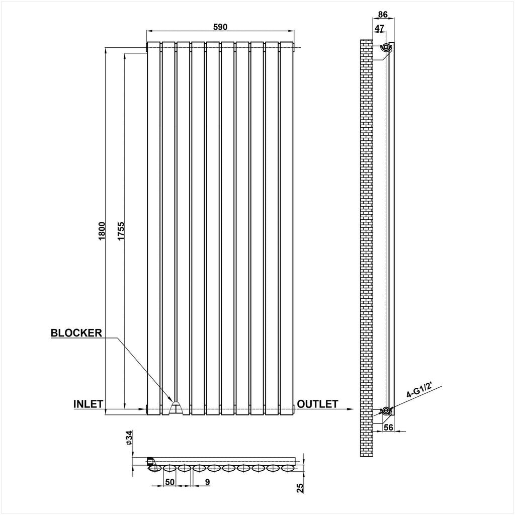 1800x590mm black single oval column radiator dimension