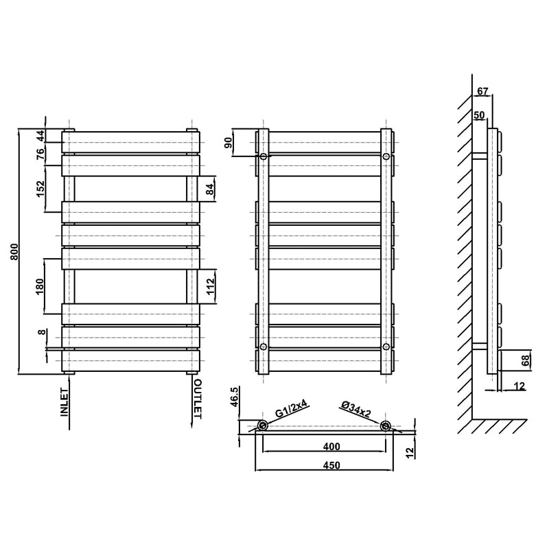 800x450mm black towel rail radiator dimension