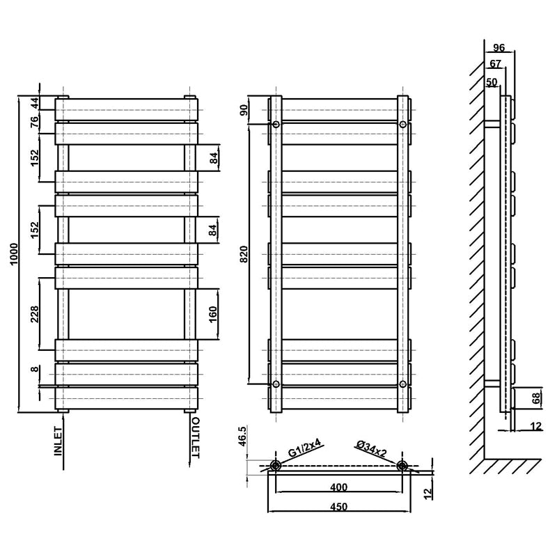 1000x450mm white towel rail radiator dimension