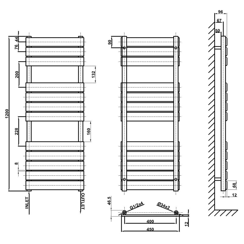 1200x450mm white towel rail radiator dimension
