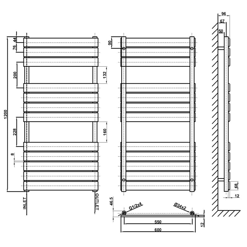 1200x600mm white towel rail radiator dimension