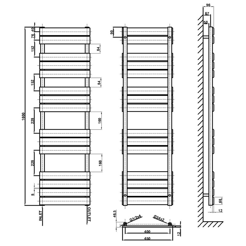 1600x450mm white towel rail radiator dimension
