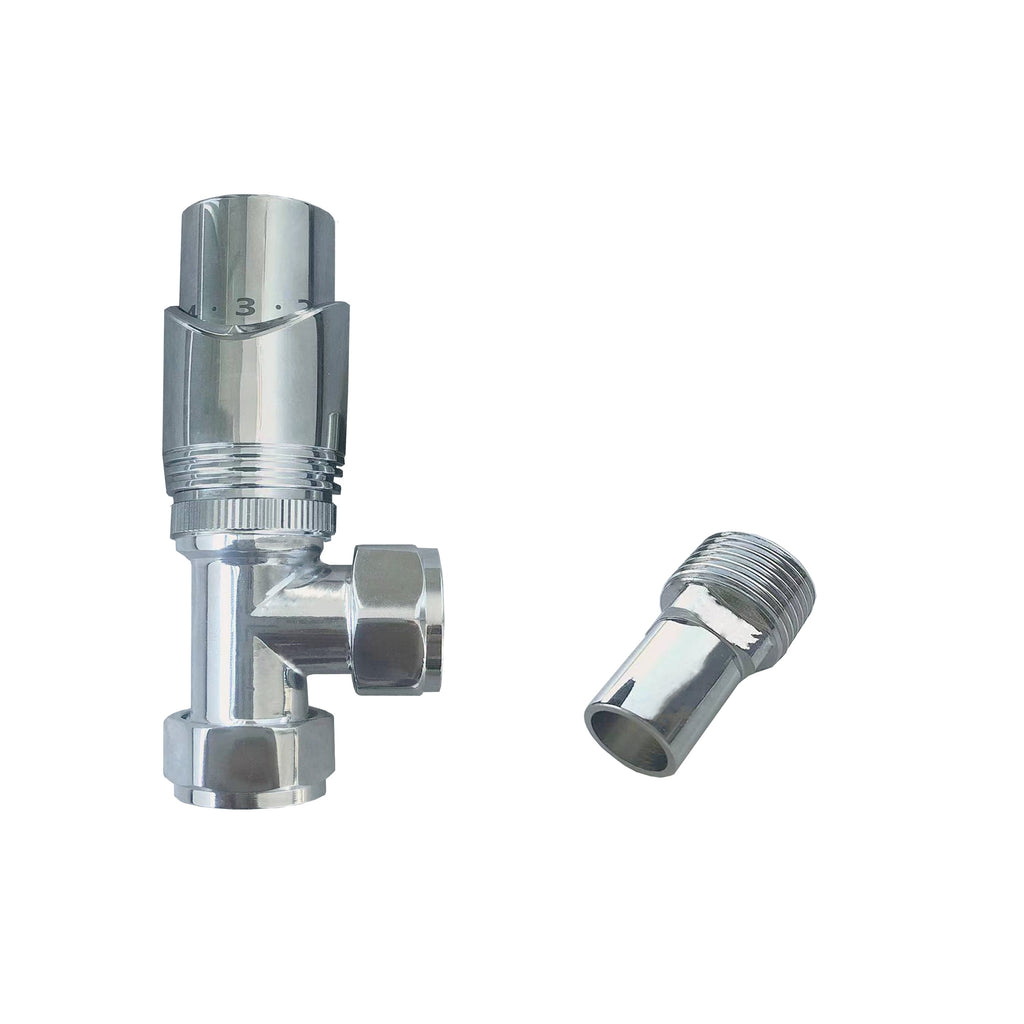 Aver-Growth- TRV Thermostatic Chrome Radiator 15mm x 1/2 Angled Valves
