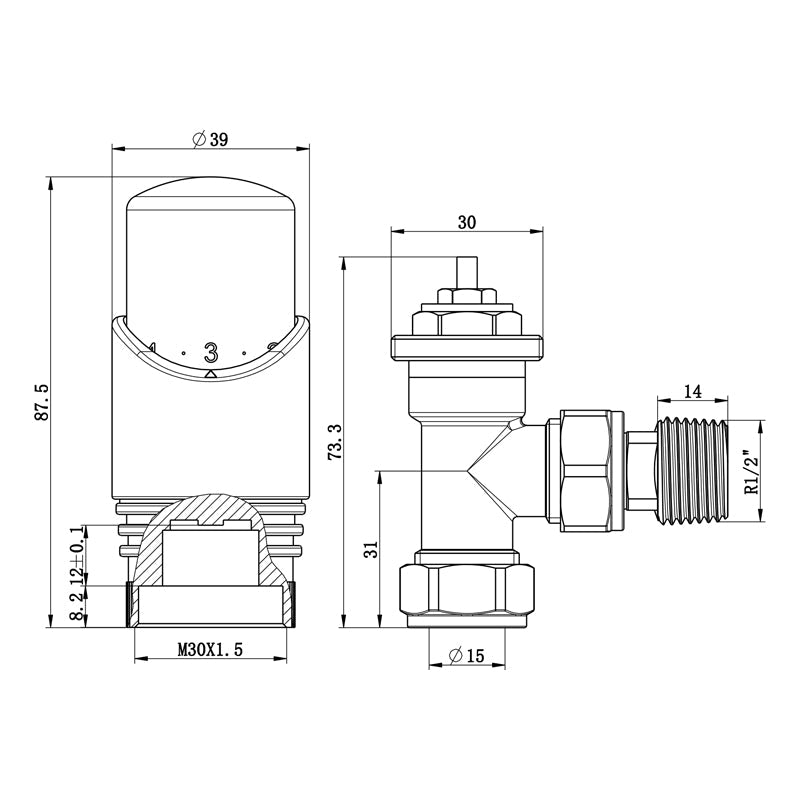 Aver-Growth- TRV Thermostatic Chrome Radiator 15mm x 1/2 Angled Valves