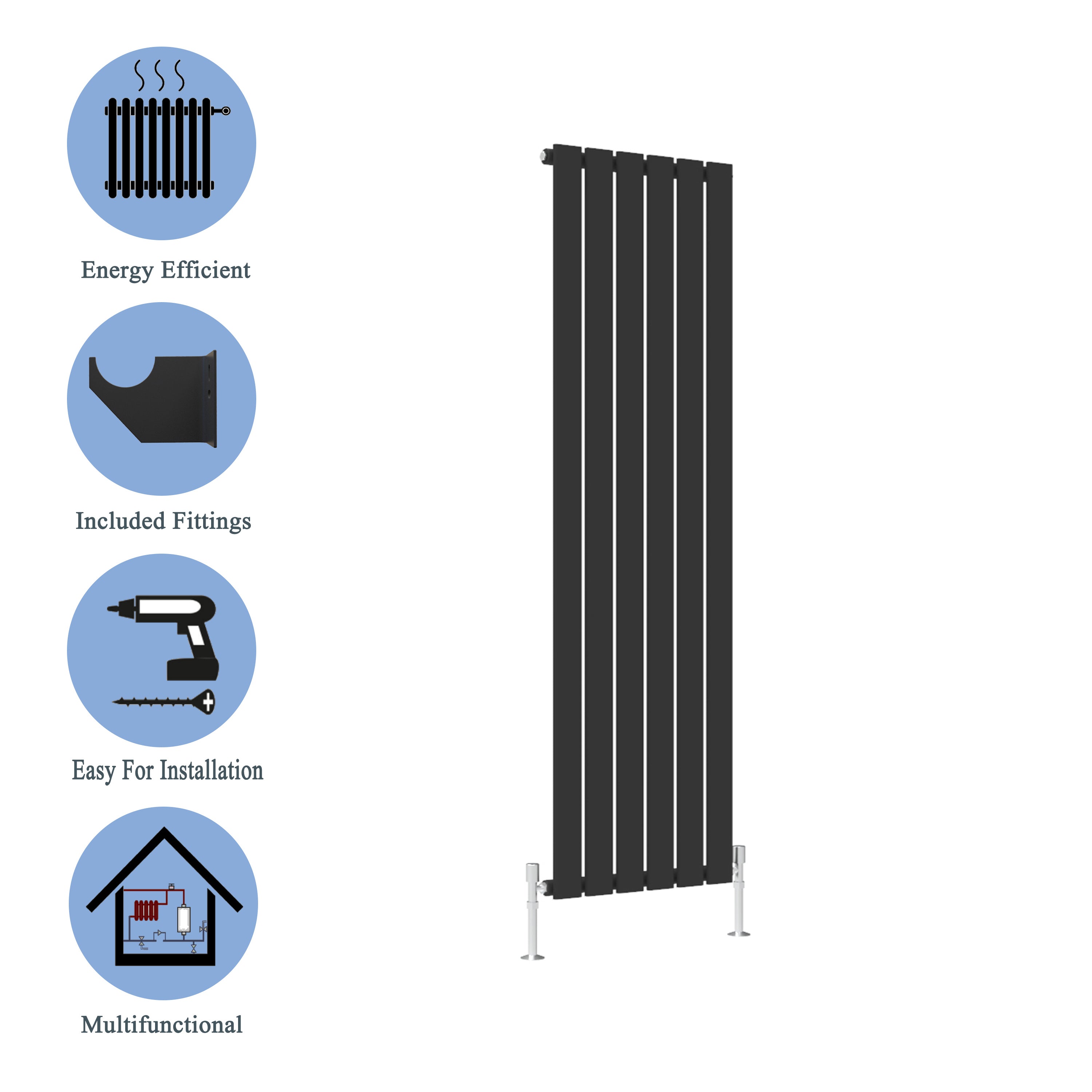Aver-Growth- Modern Vertical 1600x408mm Single Black Flat Panel Radiator