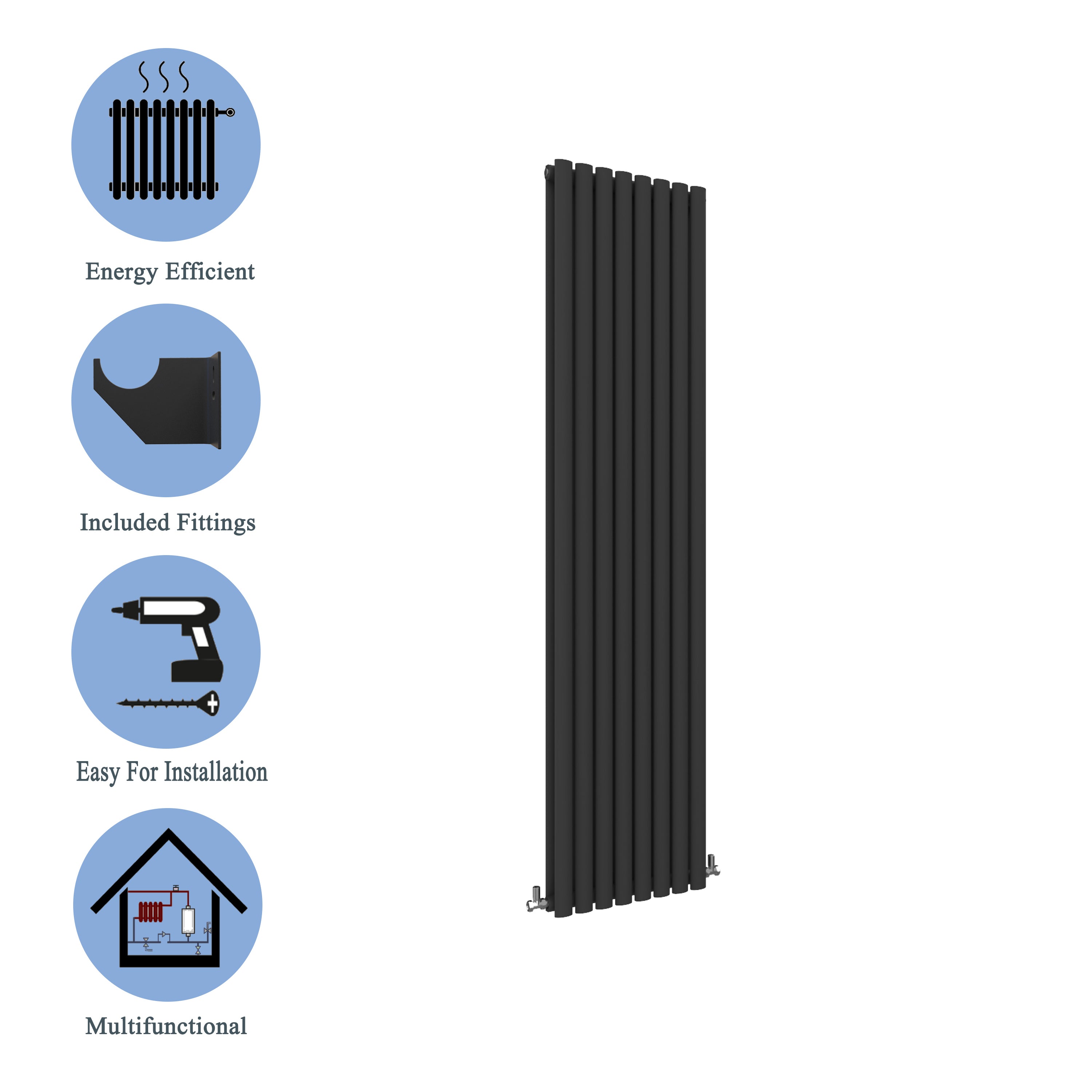 Aver-Growth- Designer Vertical 1600x354mm Double Black Oval Column Radiator