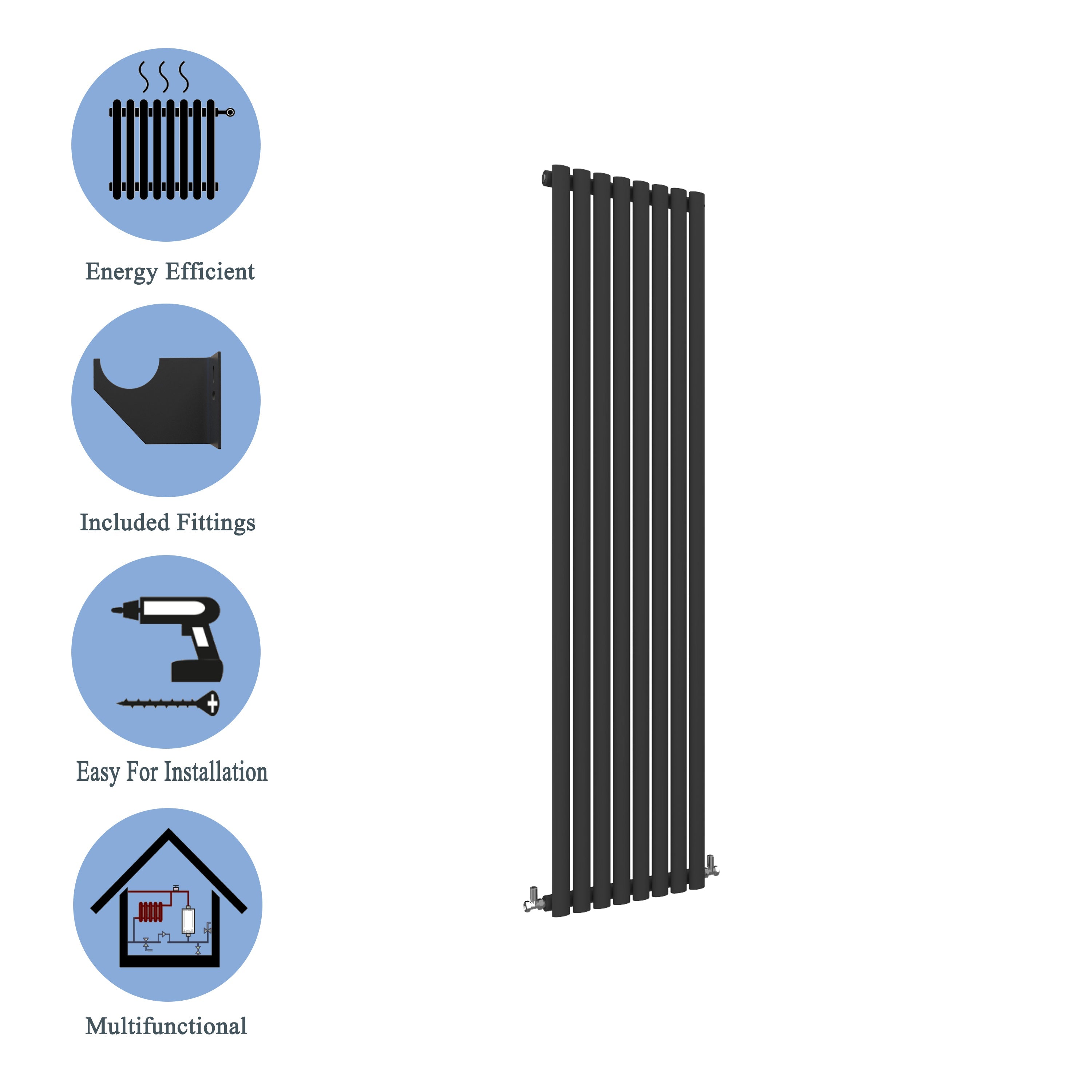 Aver-Growth- Designer Vertical 1600x472mm Single Black Oval Column Radiator