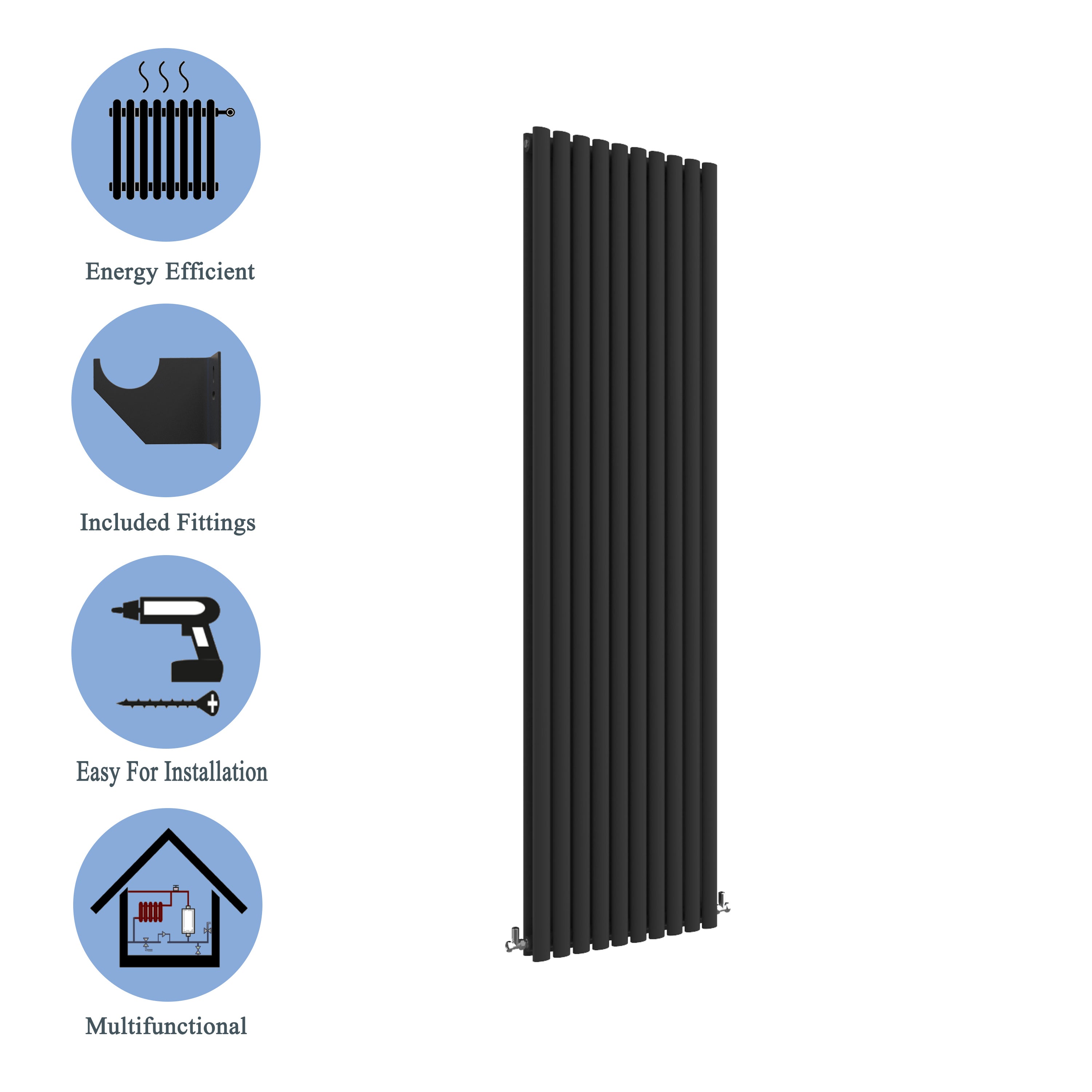 Aver-Growth- Designer Vertical 1800x590mm Double Black Oval Column Radiator