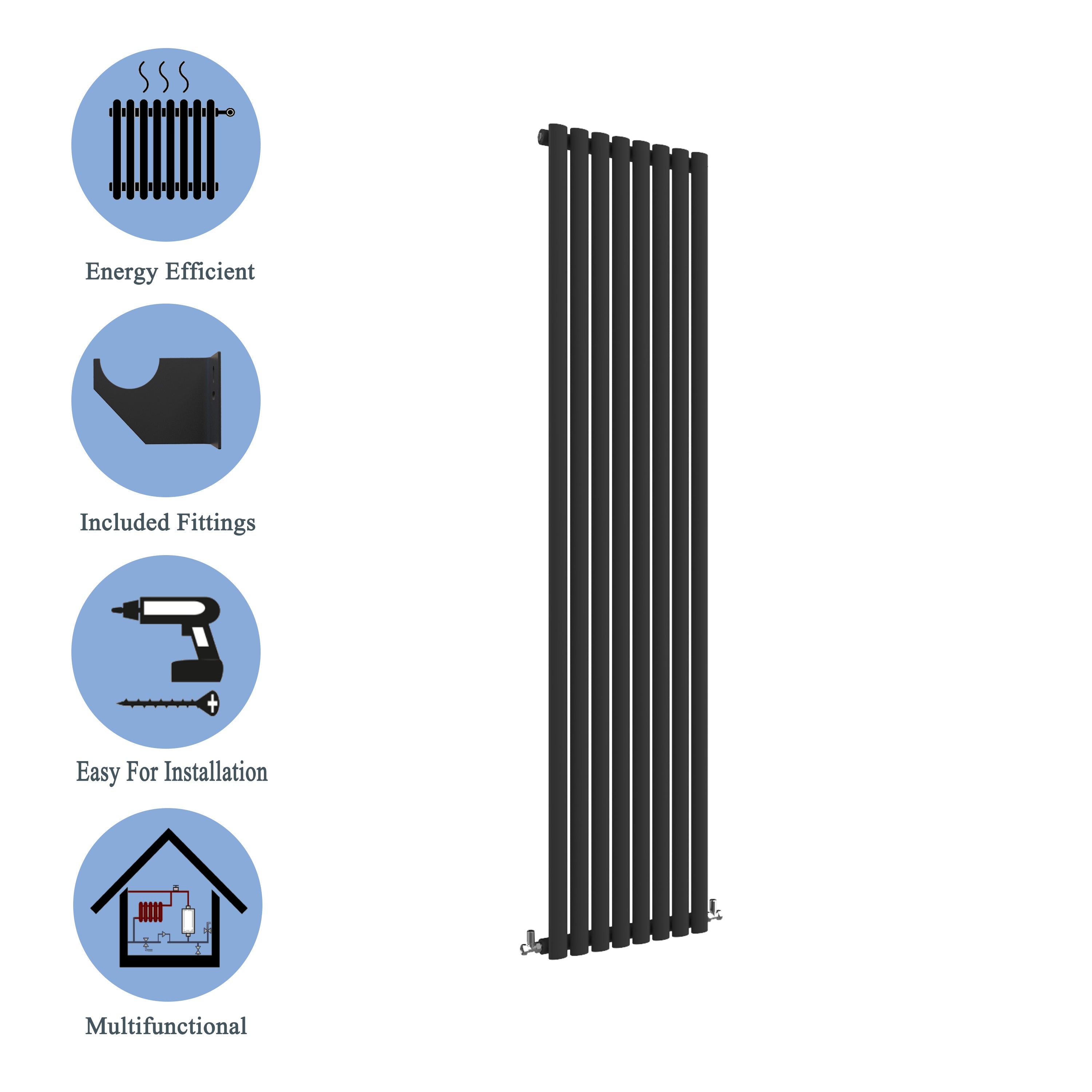 Aver-Growth- Designer Vertical 1800x472mm Single Black Oval Column Radiator